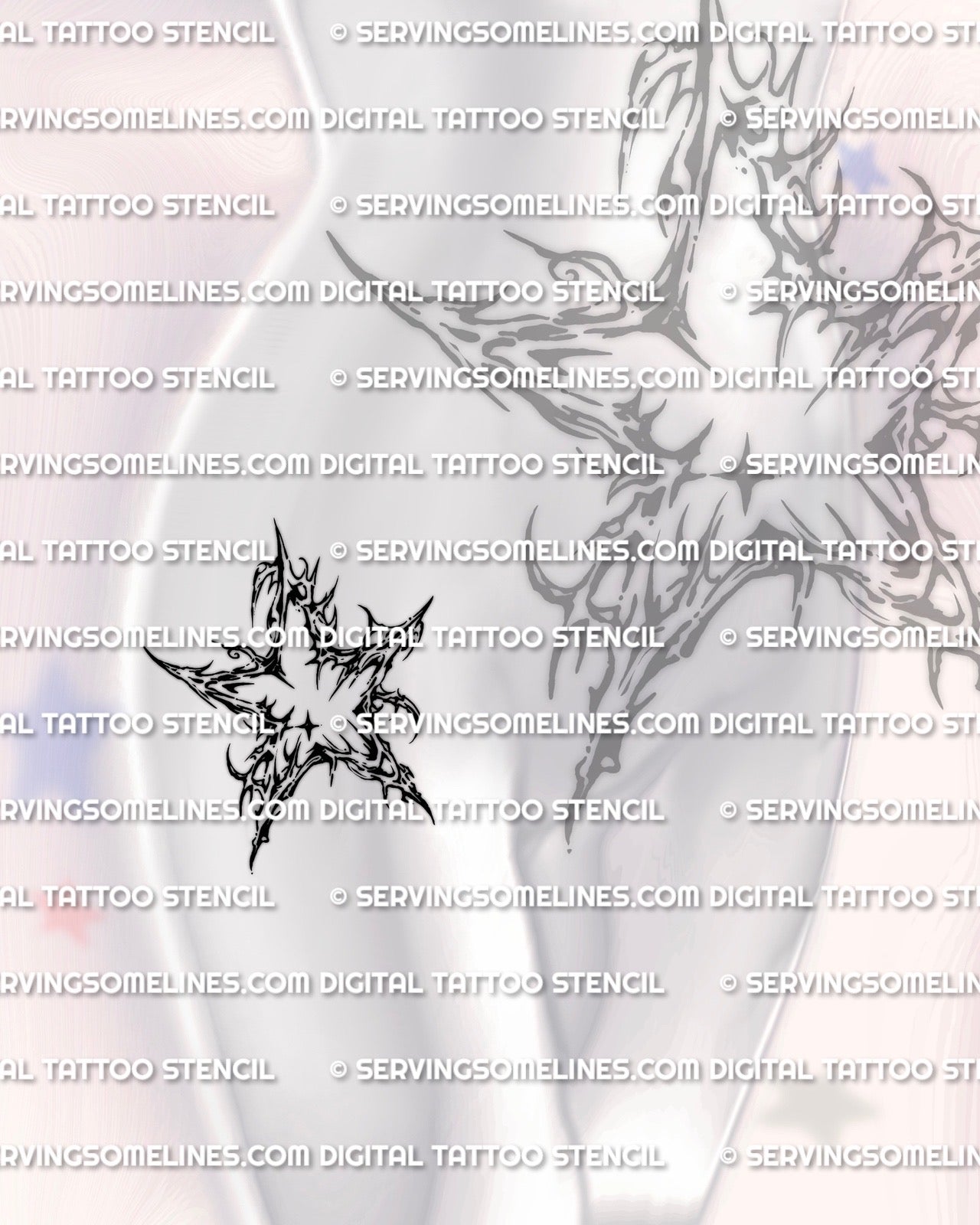 Cybersigilism star tattoo stencil displayed on hip placement, single five point star, clean cut lines, PNG JPG PDF