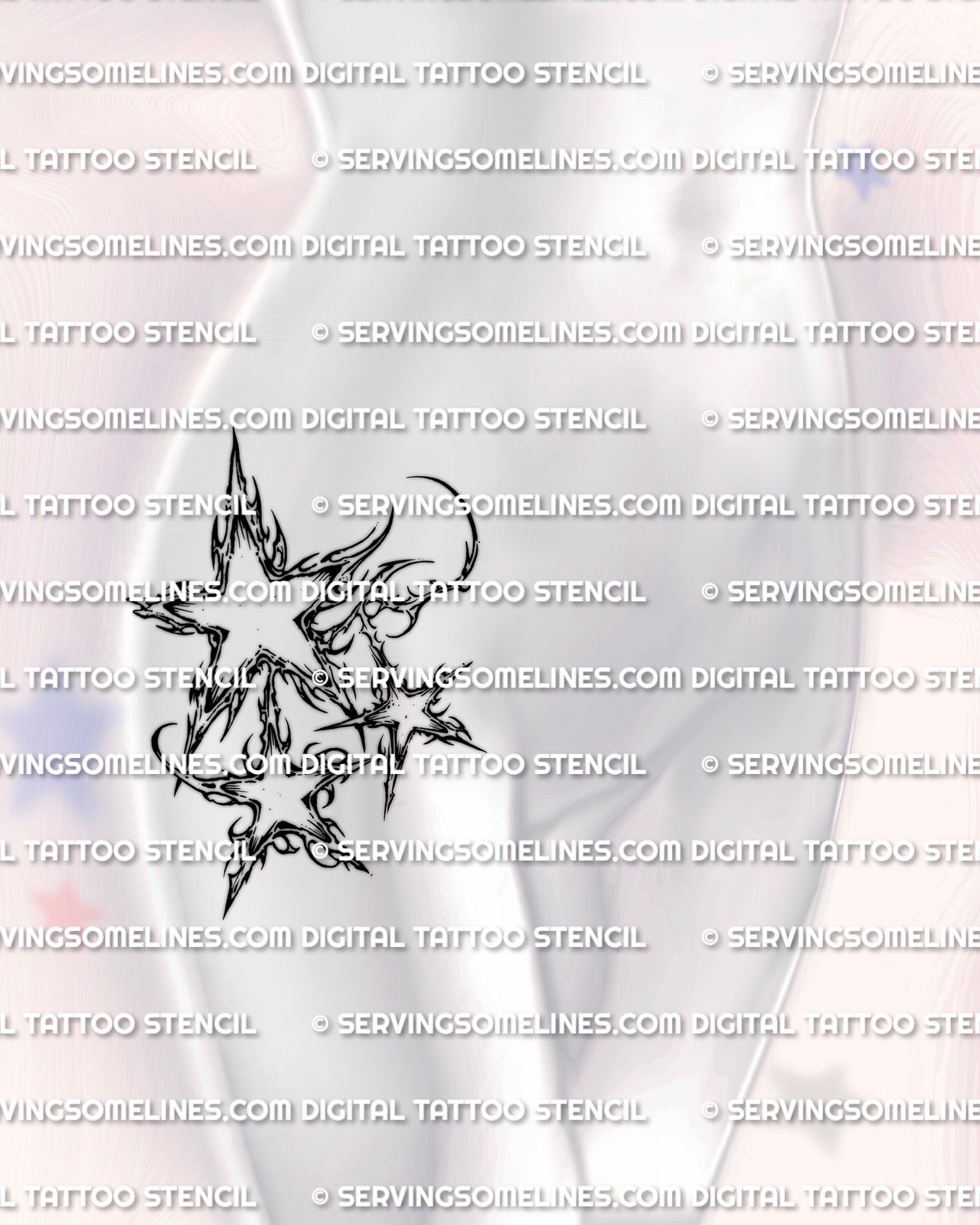 Cybersigilism stars tattoo stencil shown on women’s hip placement, 3 cyber stars cluster, printable PNG PDF download
