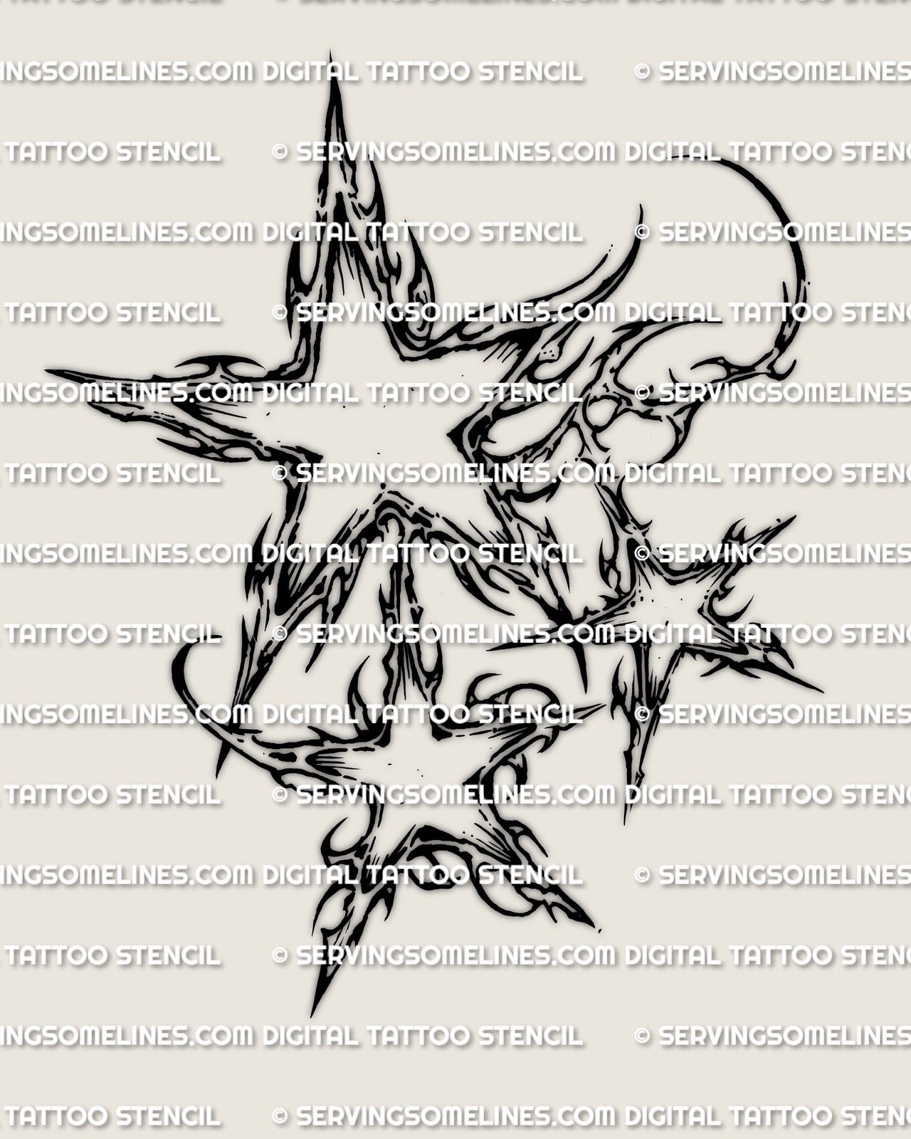 Cybersigilism stars tattoo stencil, 3 cyber star cluster design, instant download PNG JPEG PDF for clean stencil transfer