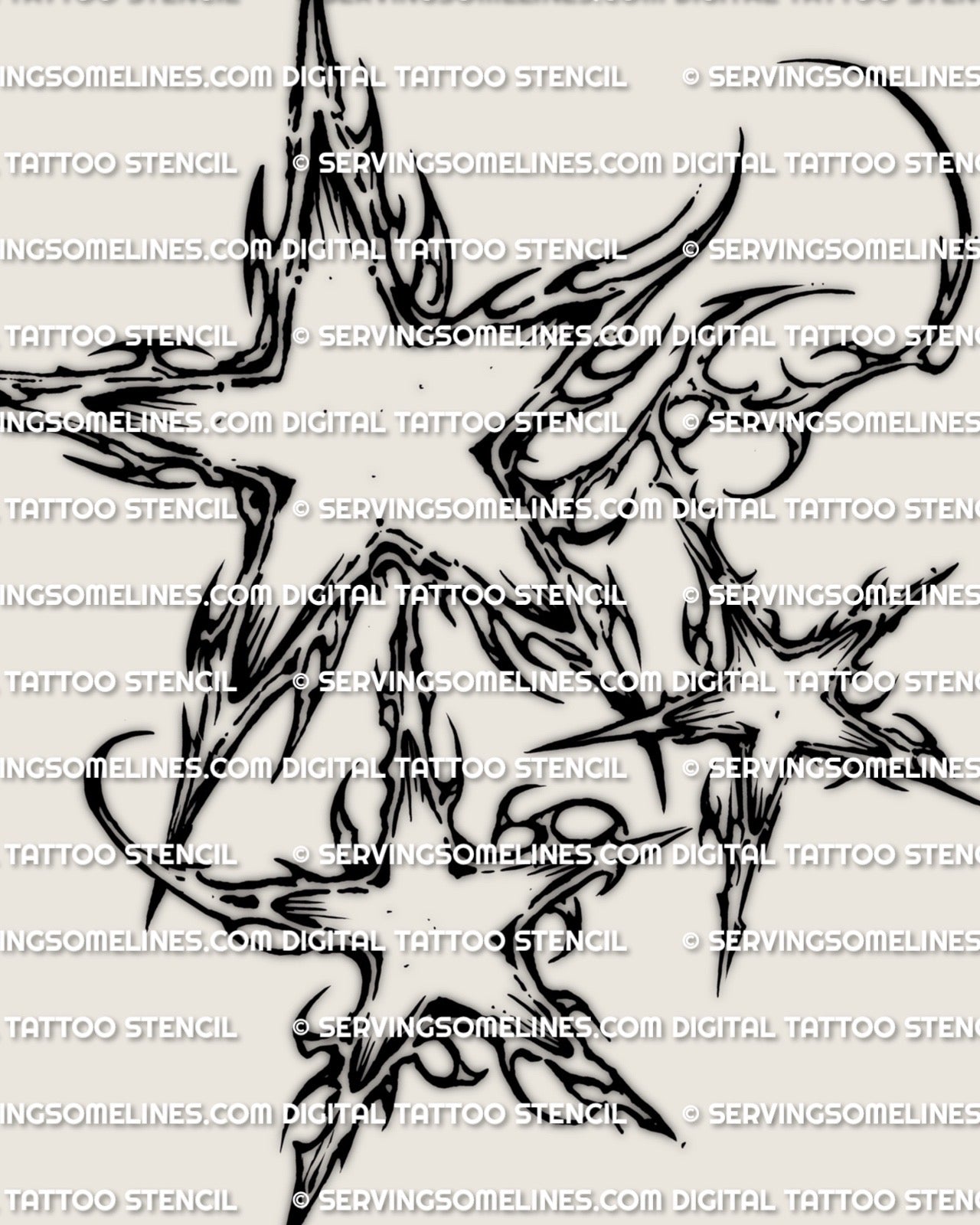 Close view of cybersigilism stars tattoo stencil, 3 star cyber cluster with flow linework, digital download for stencil use