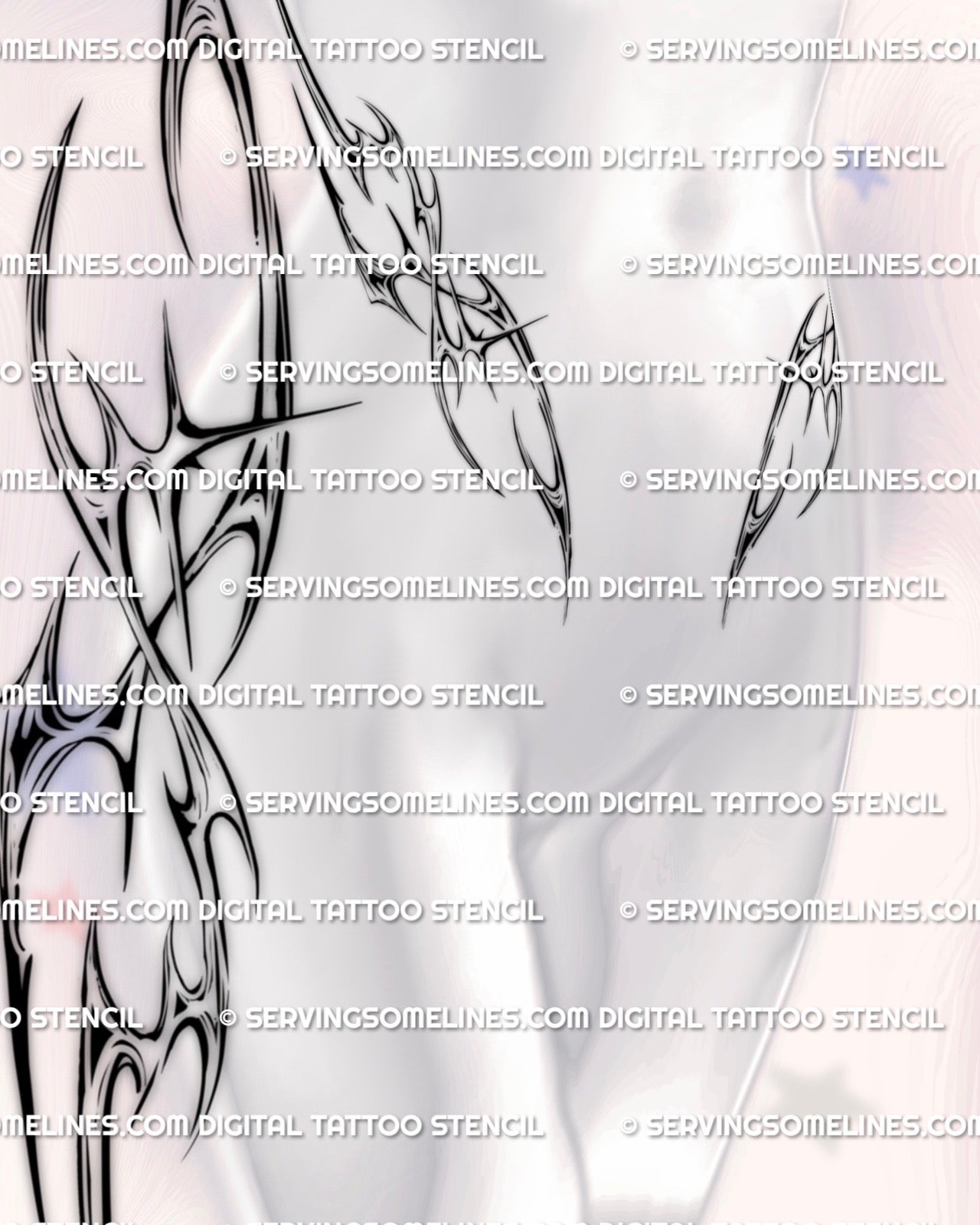 cybersigilism stomach design shown on feminine abdomen placement with soft shading and cyber inspired linework
