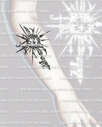 Cybersigilism sun key tattoo stencil shown on forearm placement, sunburst top with sharp rays, clean transfer friendly outline.