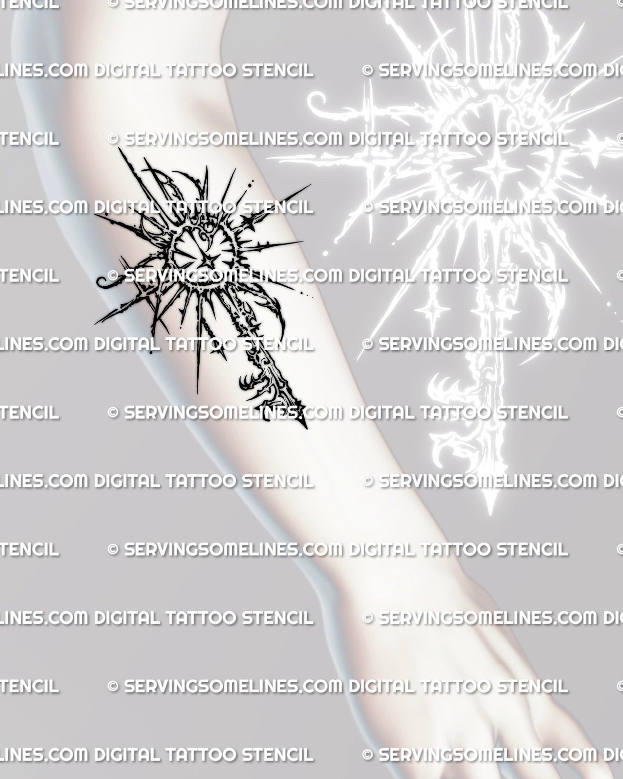 Cybersigilism sun key tattoo stencil shown on forearm placement, sunburst top with sharp rays, clean transfer friendly outline.