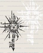 Cybersigilism sun key tattoo stencil design, radiant solar key head with sunburst rays, clean outline for stencil use.