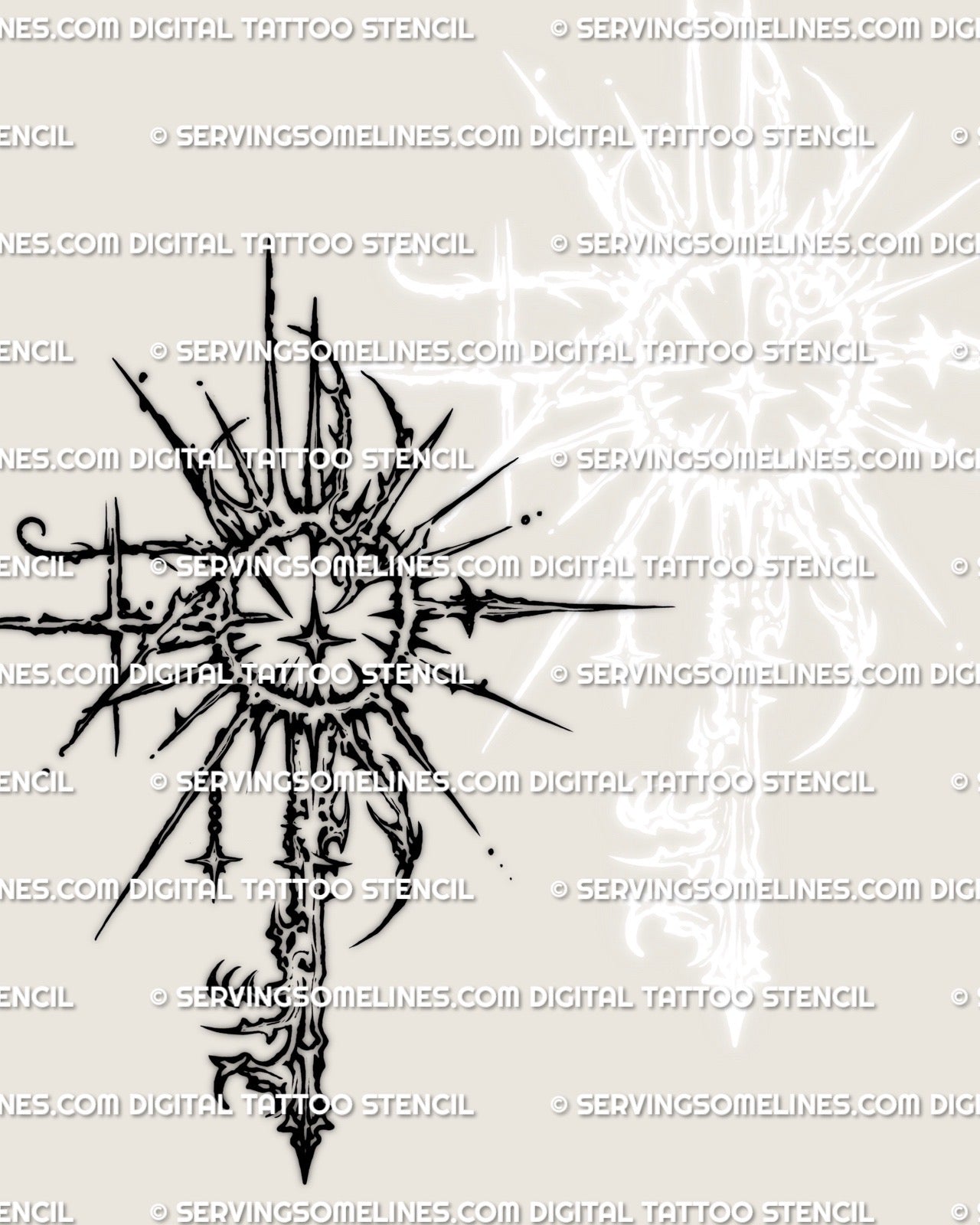 Cybersigilism sun key tattoo stencil design, radiant solar key head with sunburst rays, clean outline for stencil use.