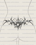 Cybersigilism sun tattoo shown on womens lower back placement, with sharp solar rays and curved side framing across the waist.