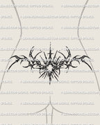 Cybersigilism sun tattoo shown on womens lower back placement, with sharp solar rays and curved side framing across the waist.
