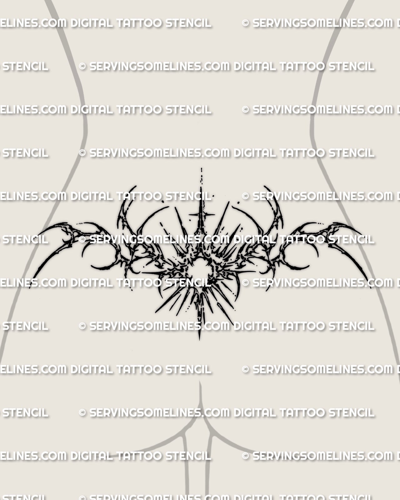 Cybersigilism sun tattoo shown on womens lower back placement, with sharp solar rays and curved side framing across the waist.