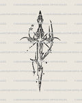 Printable sword tattoo stencil in cybersigilism style, celestial star blade with gothic tribal flow, instant digital download for alternative tattoo artists.