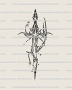 Printable sword tattoo stencil in cybersigilism style, celestial star blade with gothic tribal flow, instant digital download for alternative tattoo artists.