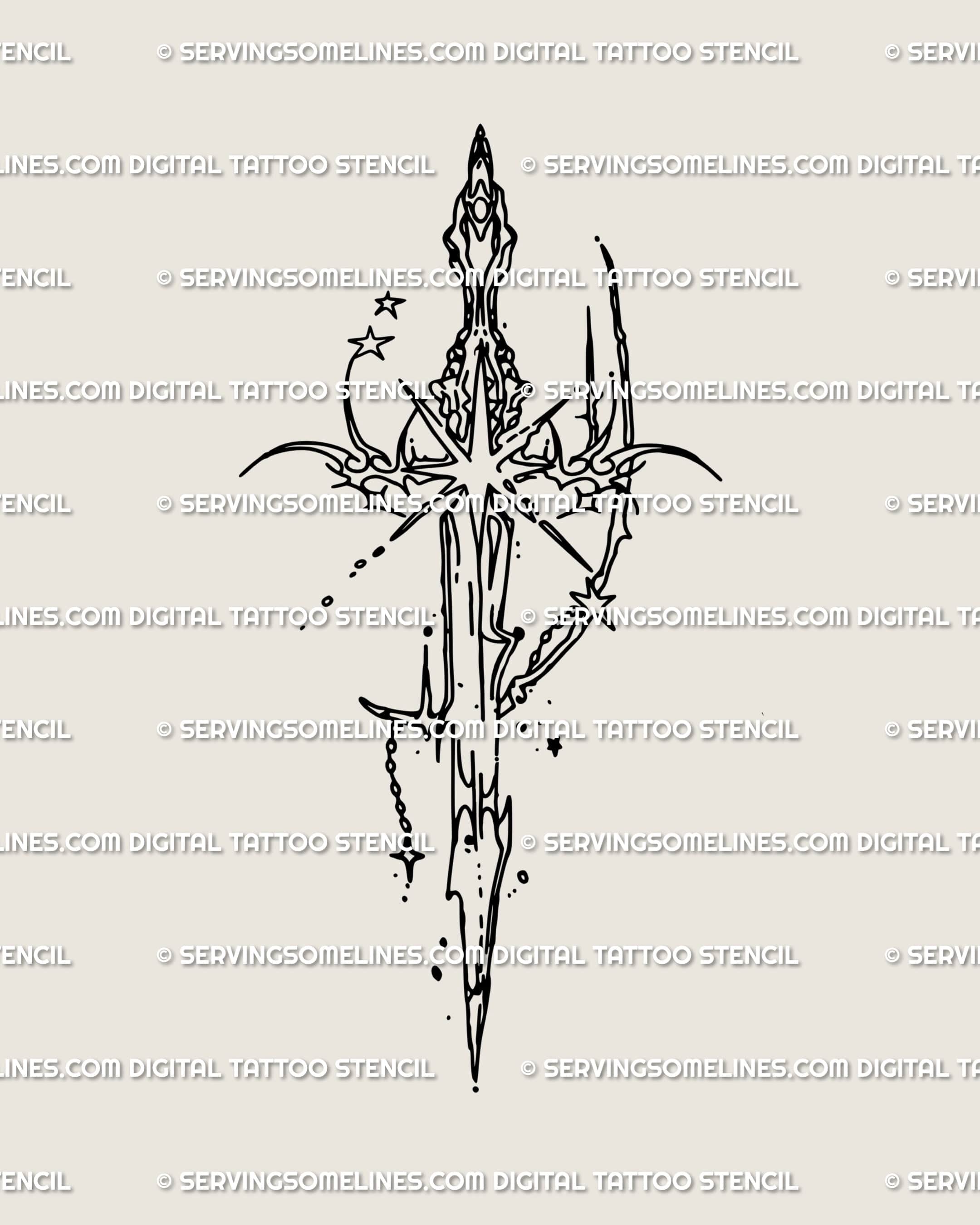 Printable sword tattoo stencil in cybersigilism style, celestial star blade with gothic tribal flow, instant digital download for alternative tattoo artists.