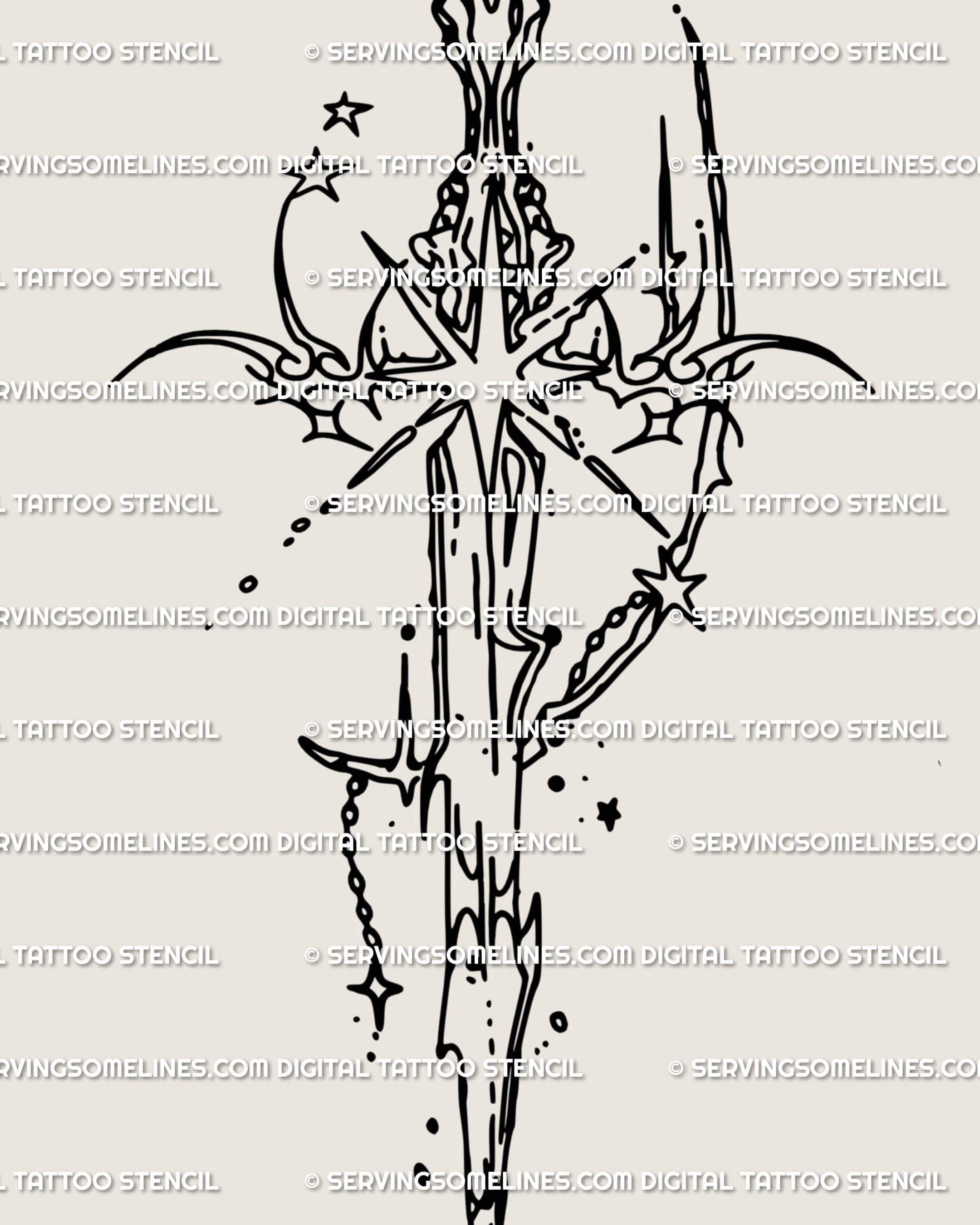 Celestial cybersigilism sword tattoo stencil with gothic tribal lines and star details, hand-drawn digital design for alternative tattoos.