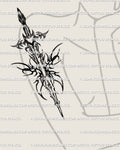 Gothic cybersigilism sword tattoo stencil shown on a woman’s arm, spiky ornamental blade design for fantasy and neotribal tattoo ideas
