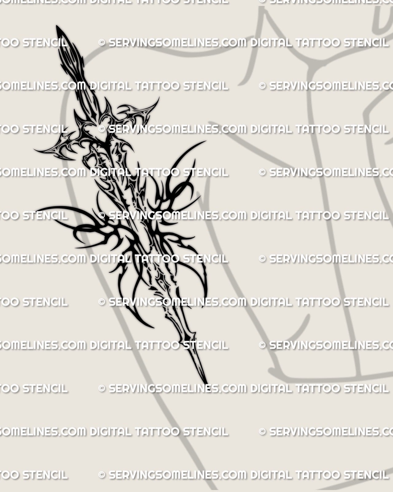 Gothic cybersigilism sword tattoo stencil shown on a woman’s arm, spiky ornamental blade design for fantasy and neotribal tattoo ideas