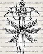 Close-up of cybersigilism sword tattoo design with all-seeing eye, angel wings, sharp linework, and chain accents