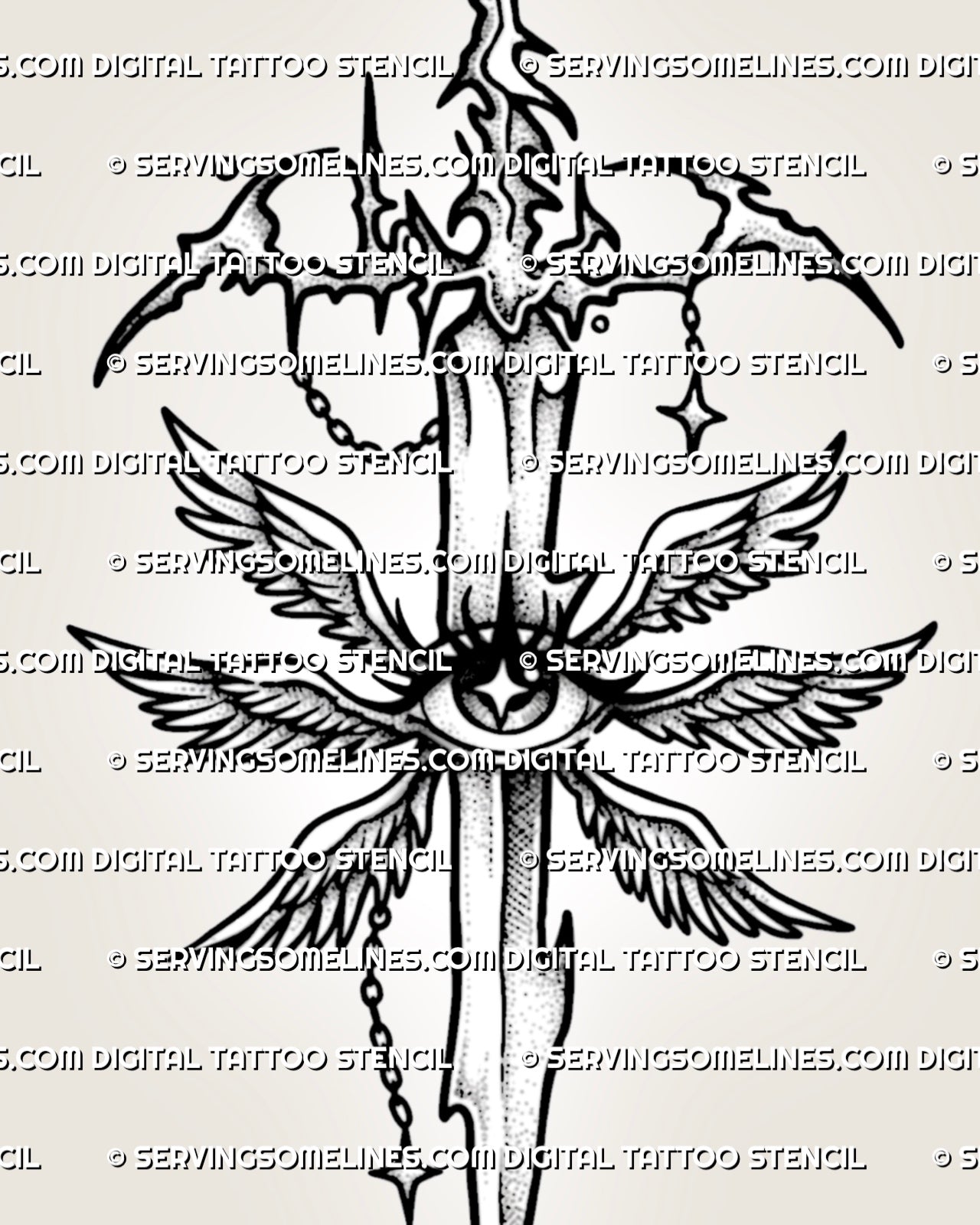 Close-up of cybersigilism sword tattoo design with all-seeing eye, angel wings, sharp linework, and chain accents