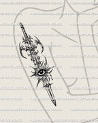 Cybersigilism sword with eye tattoo stencil displayed on women’s arm placement with sharp vertical sword structure