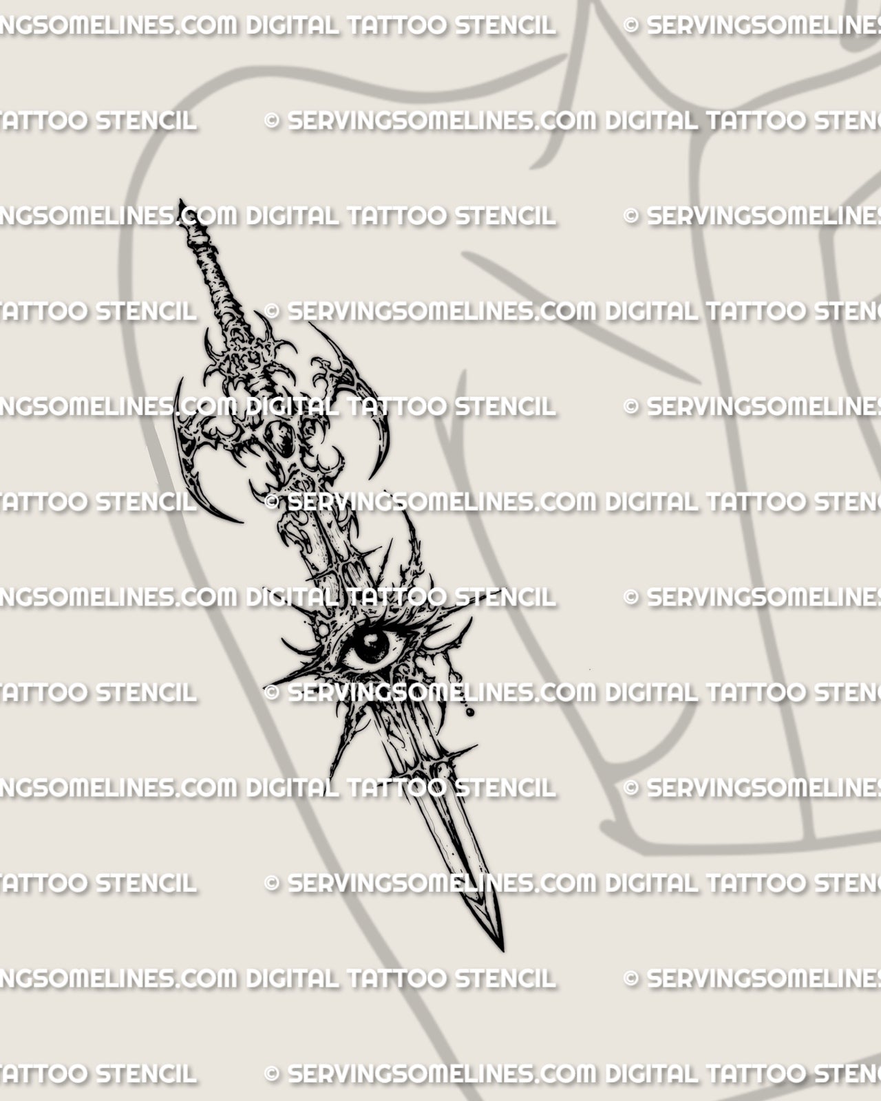 Cybersigilism sword with eye tattoo stencil displayed on women’s arm placement with sharp vertical sword structure