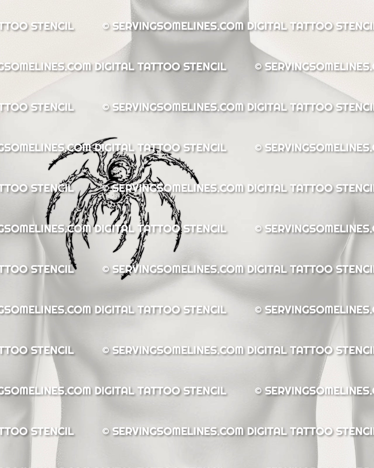 Cybersigilism tarantula tattoo shown on men’s chest placement with a thick body shape and wide aggressive leg stance
