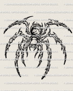 Cybersigilism tarantula tattoo stencil design with a thick-bodied spider shape, sharp cyber linework, and a heavy grounded stance