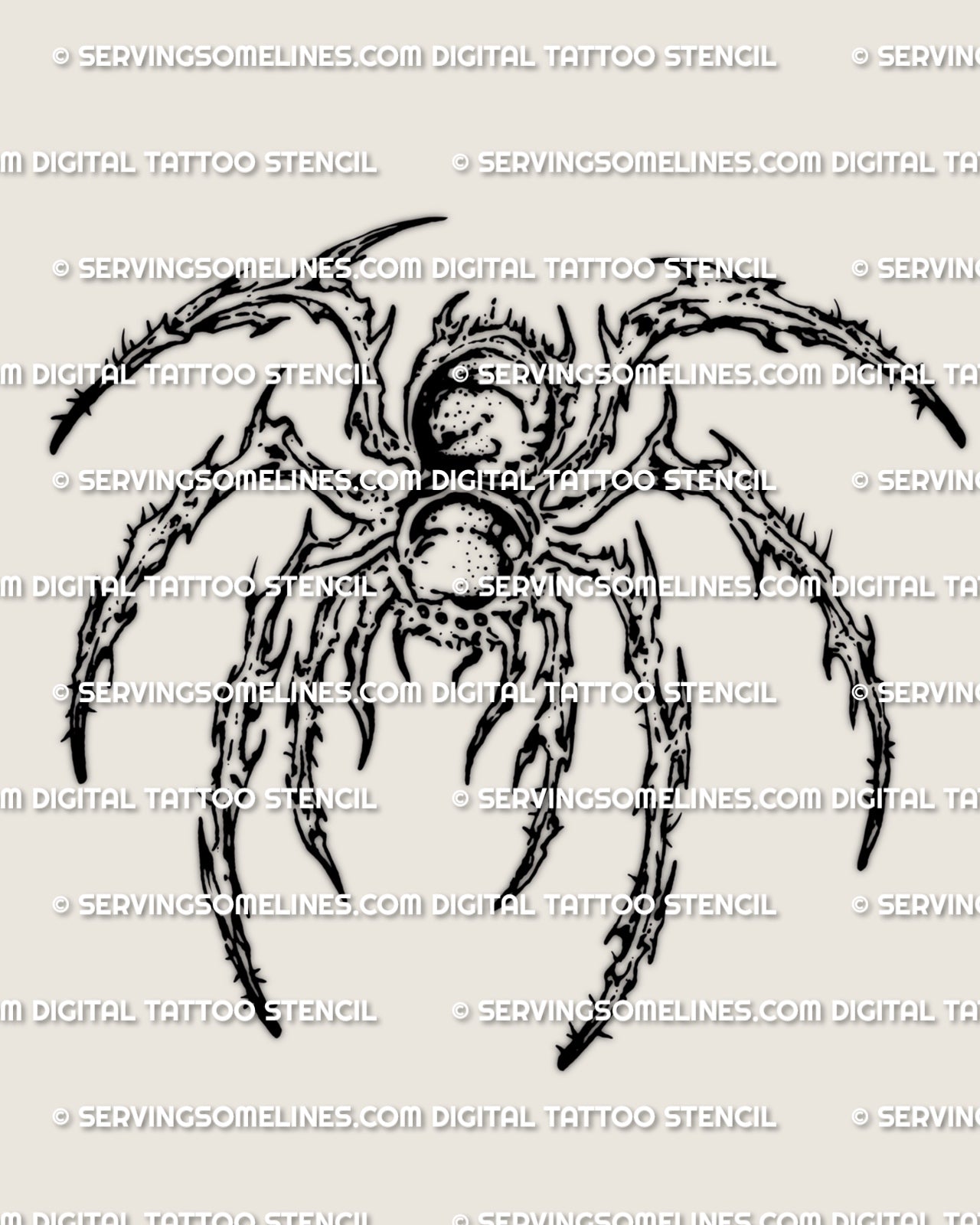 Cybersigilism tarantula tattoo stencil design with a thick-bodied spider shape, sharp cyber linework, and a heavy grounded stance