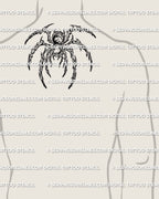 Cybersigilism tarantula tattoo shown on upper back placement near the back of neck with a wide leg spread and heavy body center