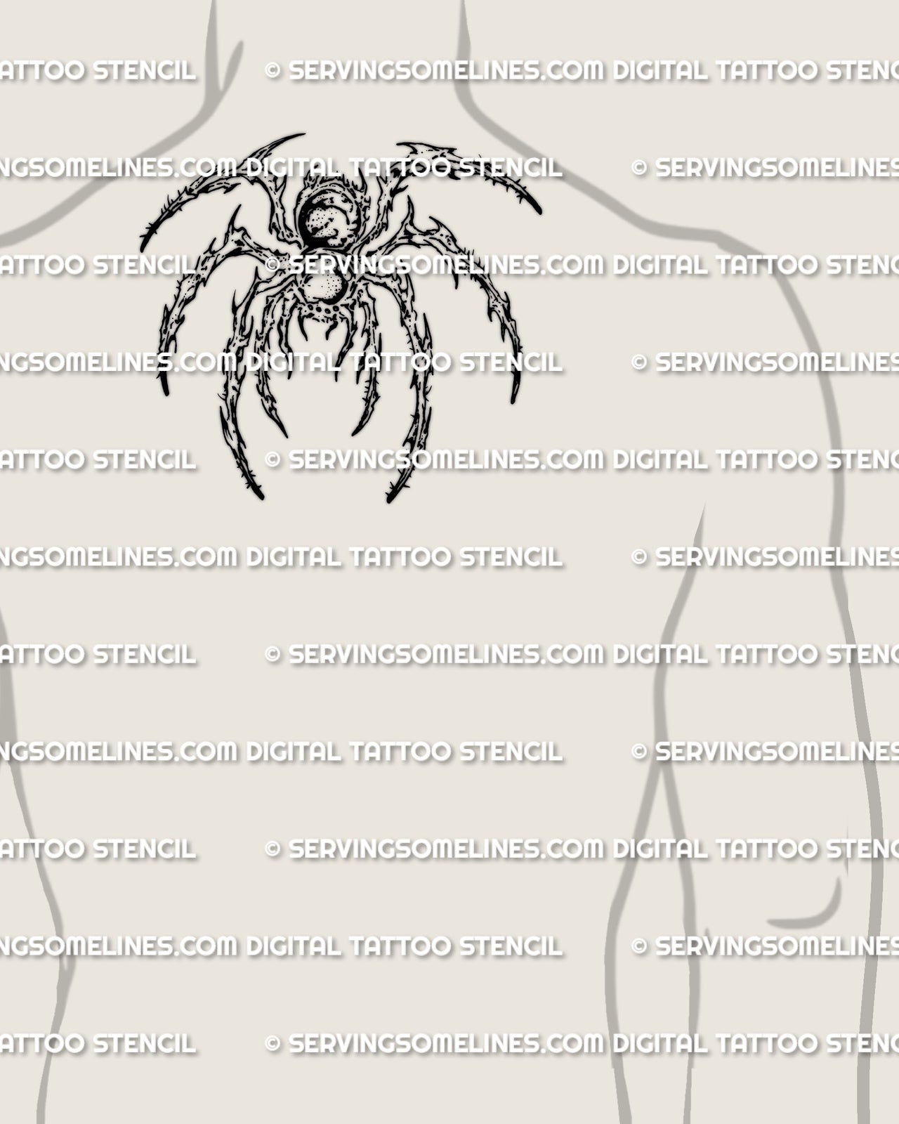 Cybersigilism tarantula tattoo shown on upper back placement near the back of neck with a wide leg spread and heavy body center