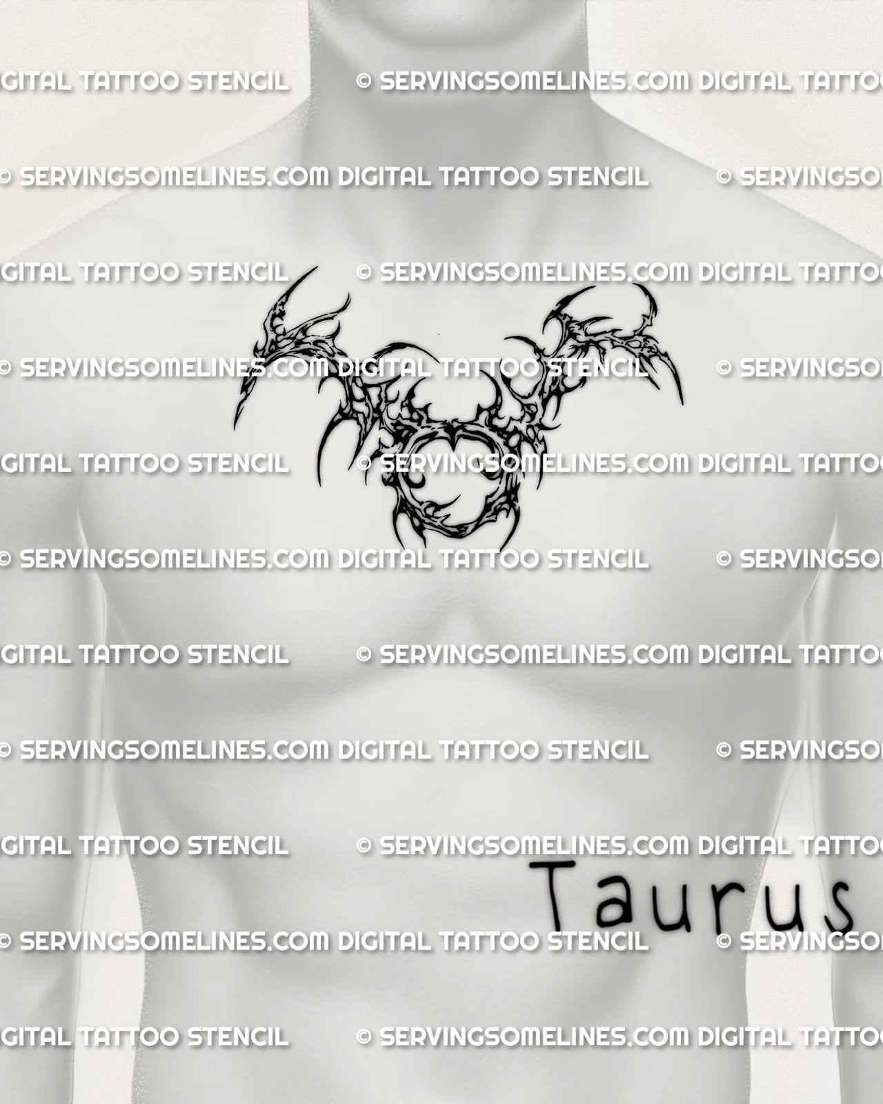 Cybersigilism Taurus glyph tattoo stencil, shown on men’s chest center placement example, vertical zodiac symbol.