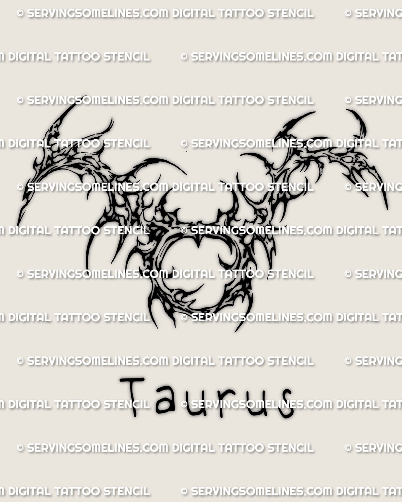 Cybersigilism Taurus tattoo stencil download, Taurus glyph design image for printing and stencil transfer.