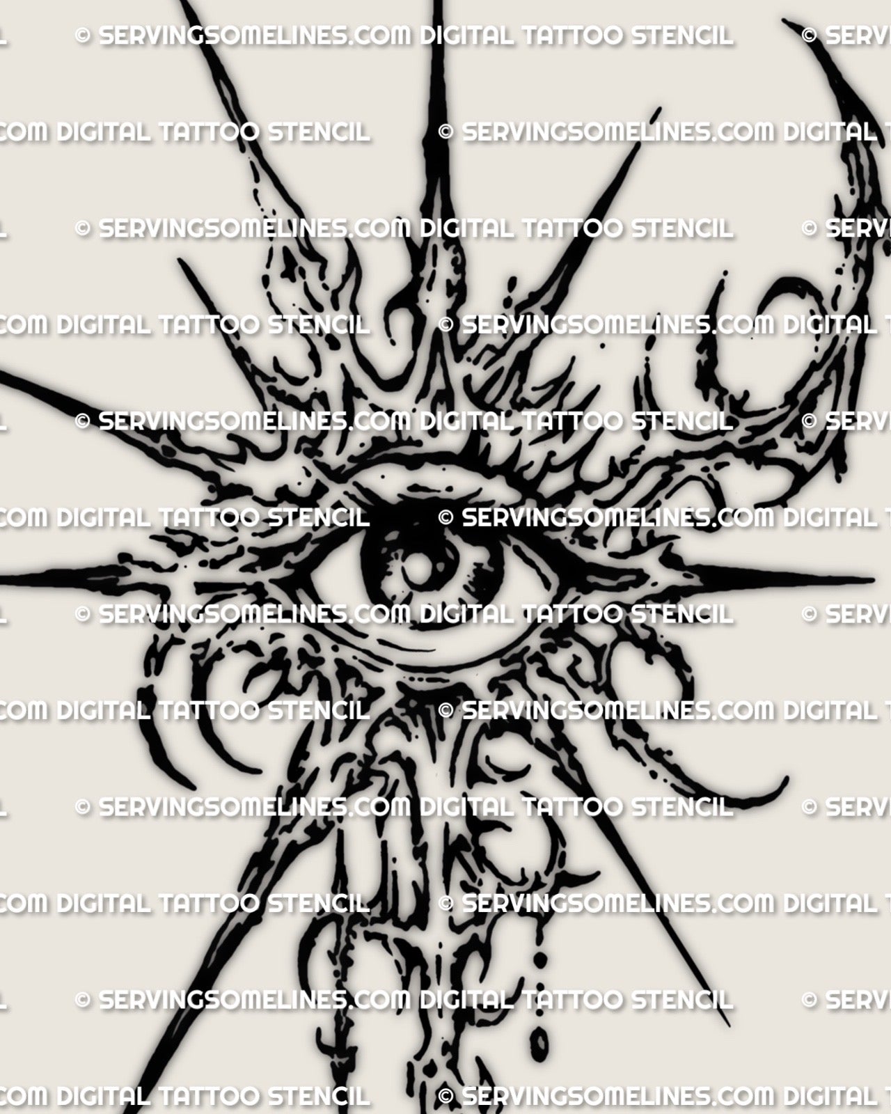 Cybersigilism third eye tattoo stencil download, single occult eye design with radiating spikes and printable PNG JPG PDF files.