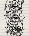 Cybersigilism three eyes tattoo stencil download, stacked triple-eye design with starburst accents, printable PNG JPG PDF files.