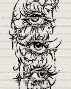 Cybersigilism three eyes tattoo stencil download, stacked triple-eye design with starburst accents, printable PNG JPG PDF files.