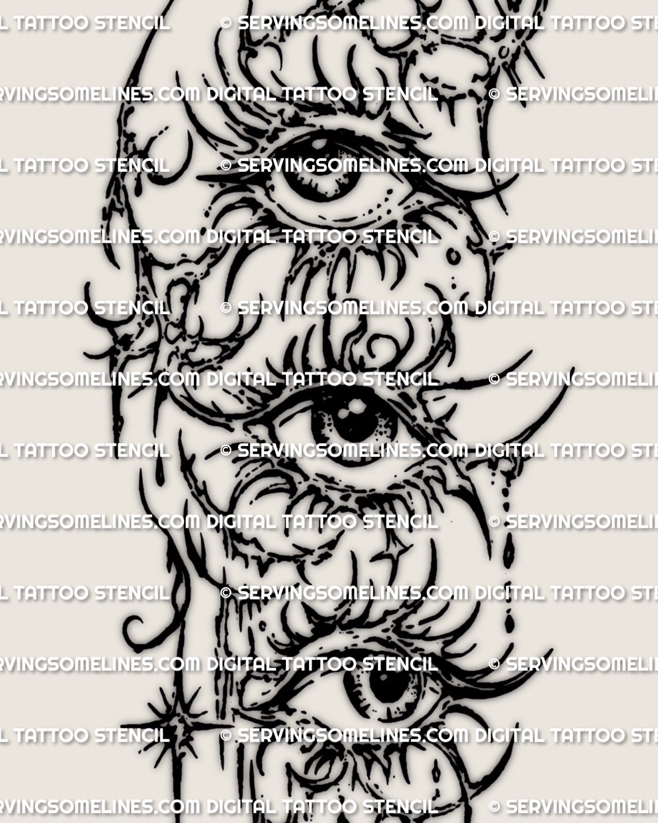 Cybersigilism three eyes tattoo stencil download, stacked triple-eye design with starburst accents, printable PNG JPG PDF files.