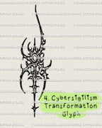 Transformation glyph tattoo stencil in cybersigilism style with a shifting vertical symbolic form