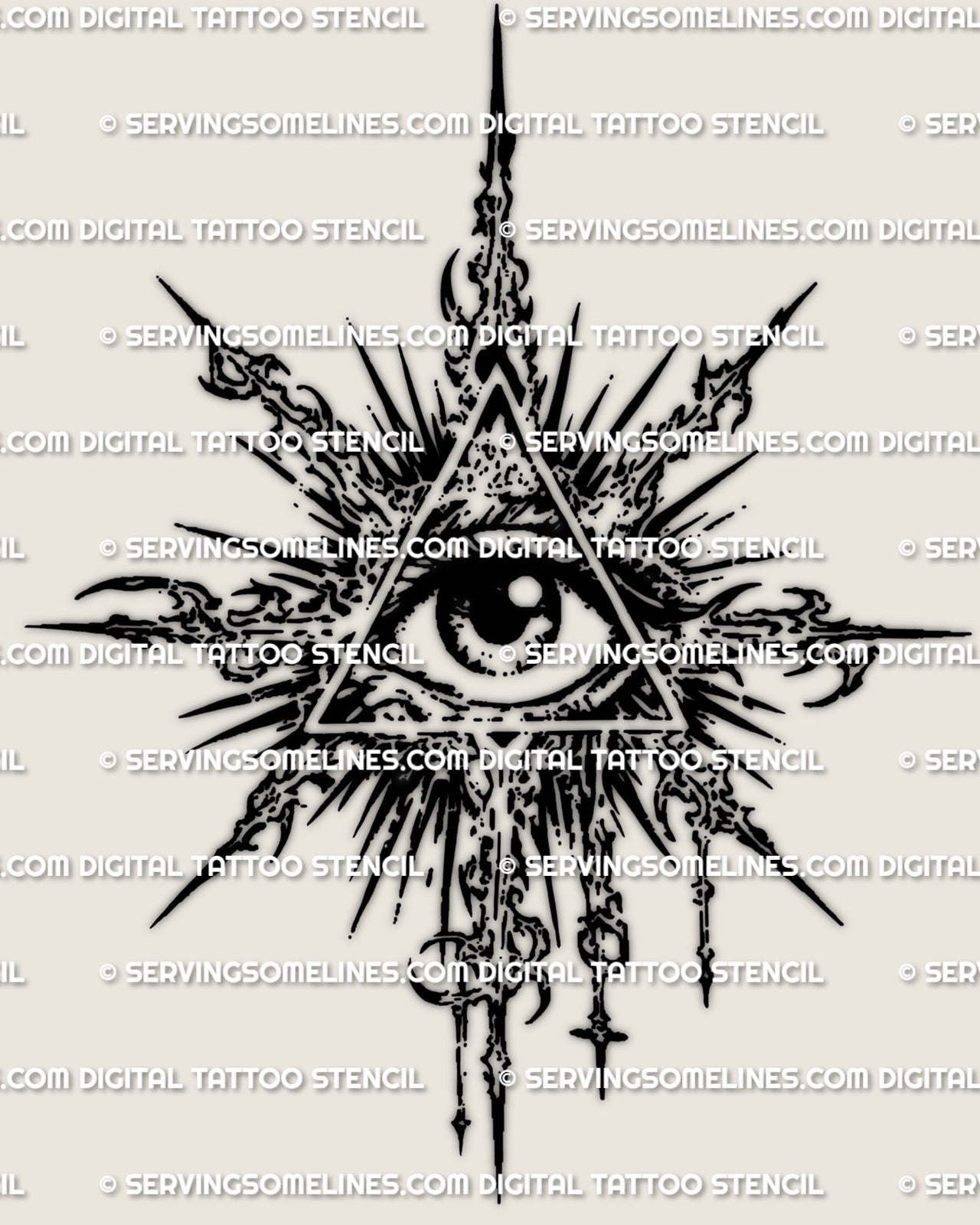 Cybersigilism triangle eye emblem stencil printable download, sharp symbolic eye design with clean linework and digital files.