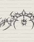 close up of cyber ornamental underbust tattoo stencil with neotribal spikes and heart charm linework for women
