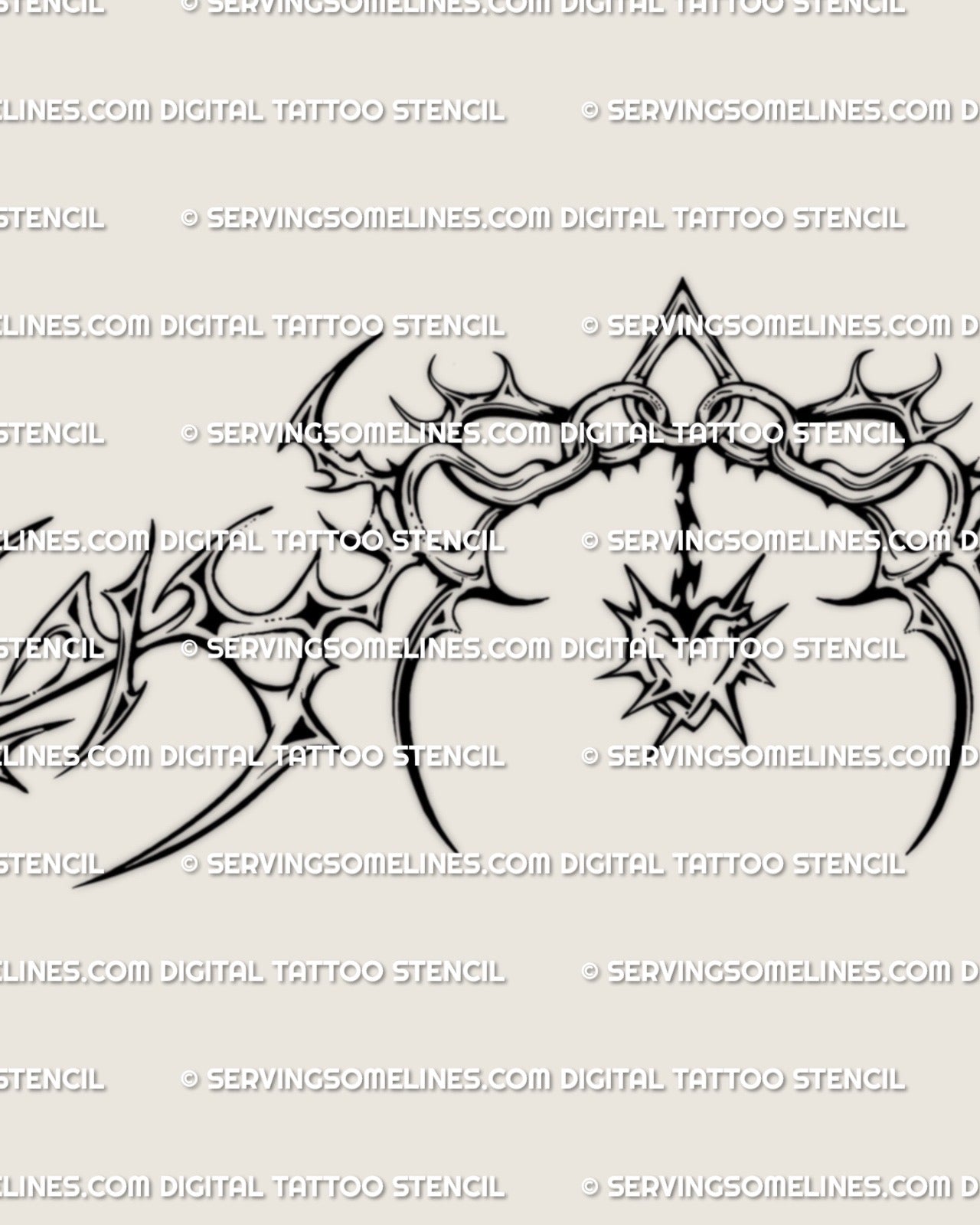close up of cyber ornamental underbust tattoo stencil with neotribal spikes and heart charm linework for women