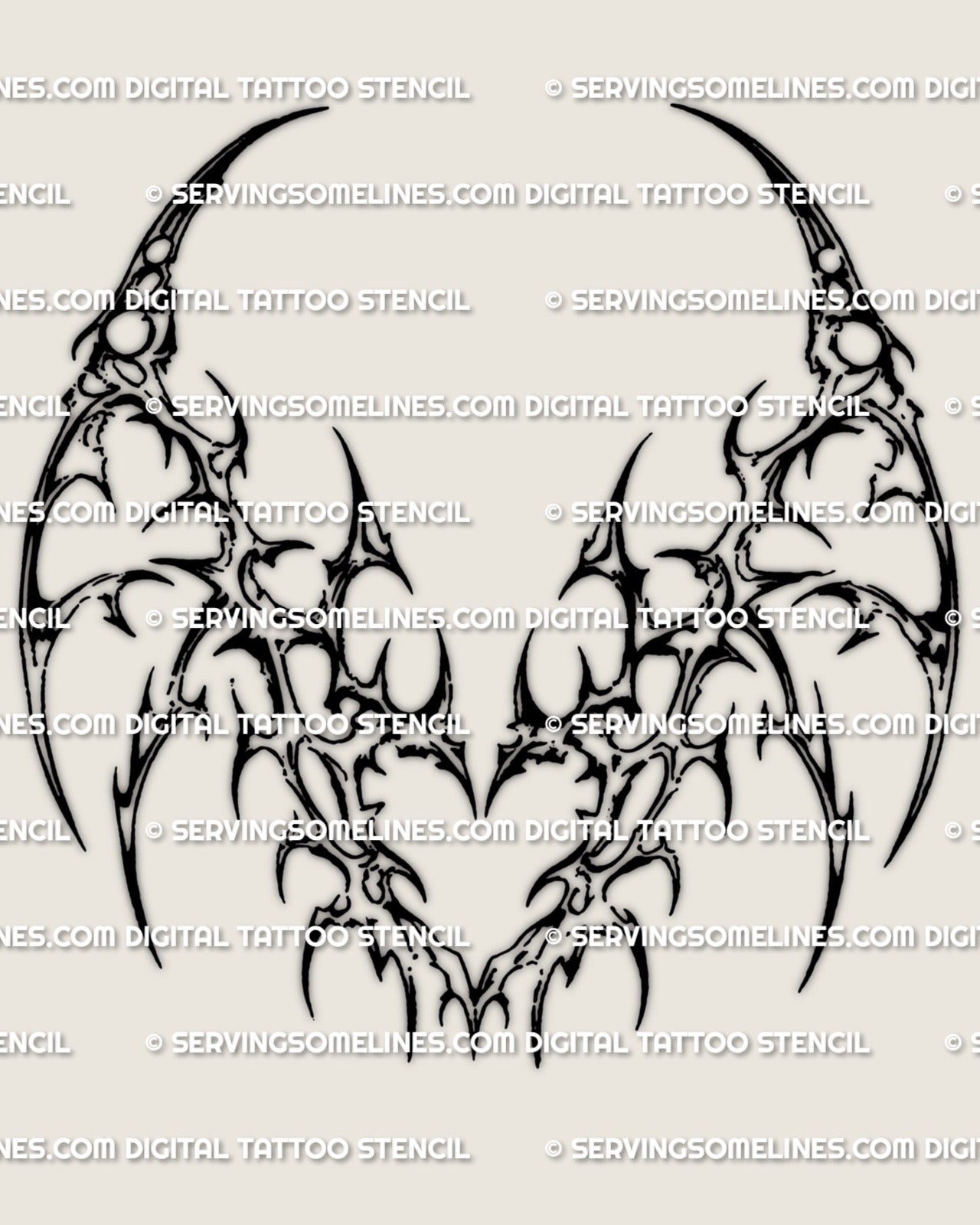 Cybersigilism underknee stencil design download with a mirrored pointed spread, dark linework, and a centered spiky heart detail