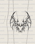Cybersigilism underknee tattoo shown on below knee placement with a mirrored pointed spread and spiky heart-shaped center
