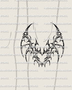 Cybersigilism underknee tattoo shown on below knee placement with a mirrored pointed spread and spiky heart-shaped center