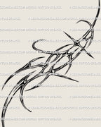 Cyber sigilism waist and hip tattoo design displayed as a flat stencil, chrome abstract spikes and curved lines built for torso and pelvic placement
