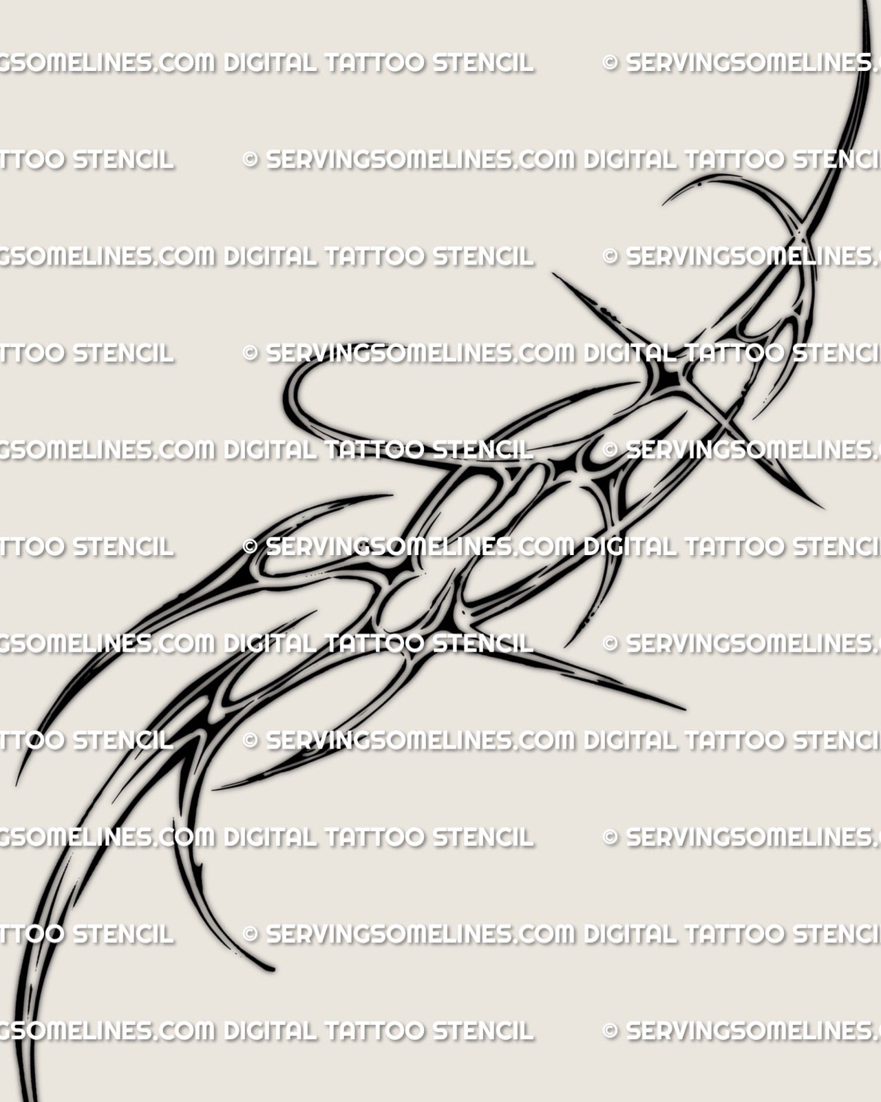 Cyber sigilism waist and hip tattoo design displayed as a flat stencil, chrome abstract spikes and curved lines built for torso and pelvic placement