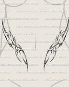 cyber sigilism waist tattoo stencil on woman’s lower stomach, detailed neotribal curves shaped for symmetrical waist placement