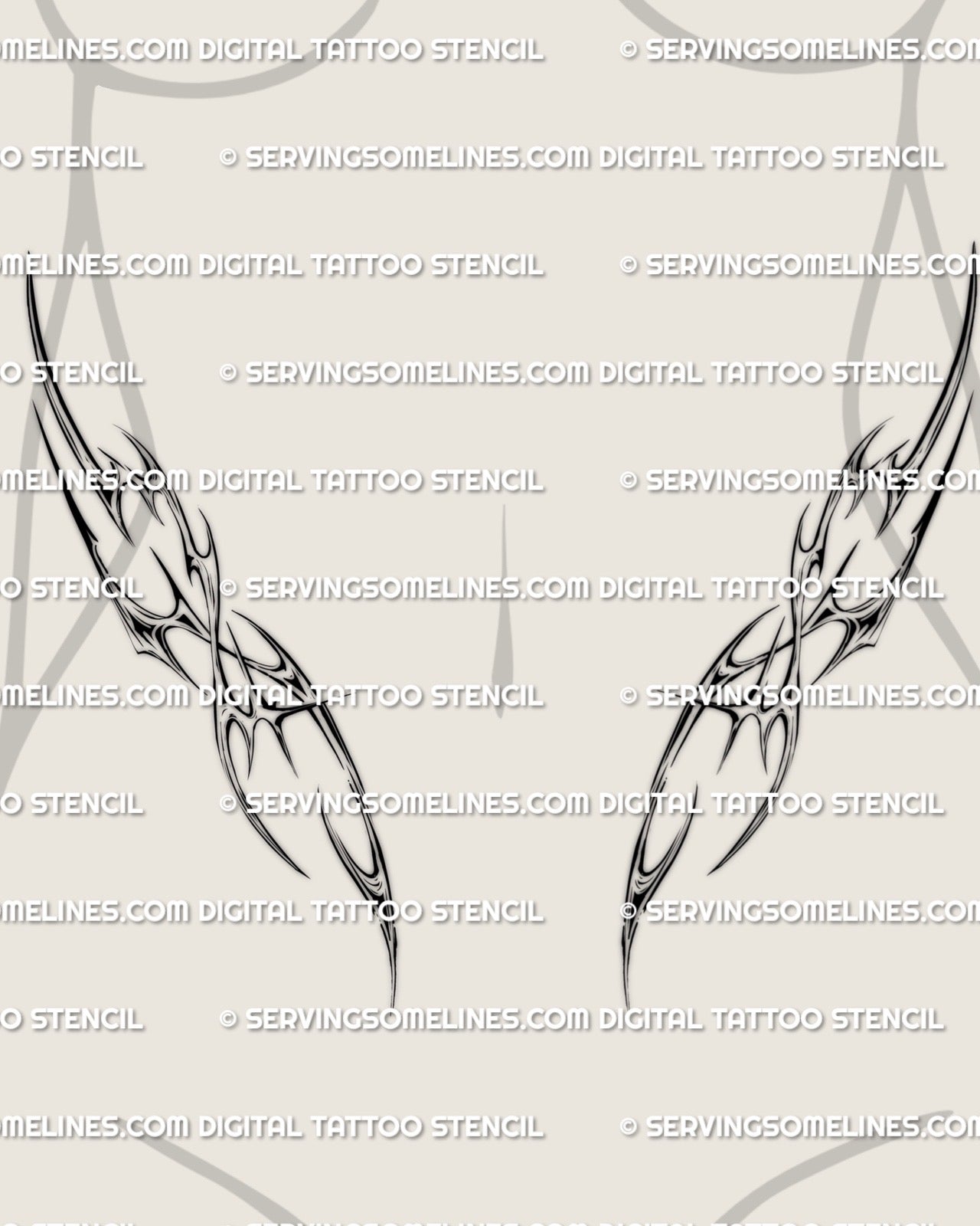 cyber sigilism waist tattoo stencil on woman’s lower stomach, detailed neotribal curves shaped for symmetrical waist placement