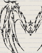 Close up of cybersigil wings stencil with spiky curves and star accent showing chrome like cyber texture in high resolution lineart
