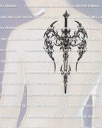 Cybersigilism winged blade tattoo stencil displayed on mens upper back centered mockup, strong vertical emblem with printable files.