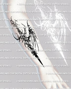 Cybersigilism winged dagger tattoo shown on forearm placement with a long blade point and one extended winged side