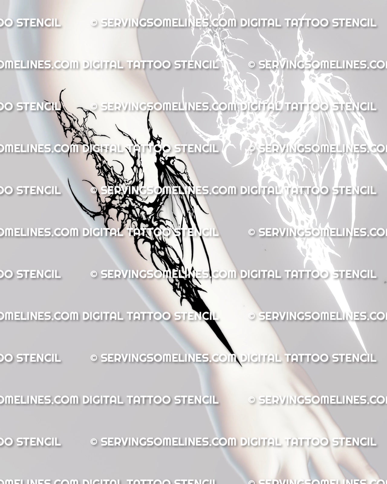 Cybersigilism winged dagger tattoo shown on forearm placement with a long blade point and one extended winged side