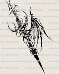 Cybersigilism winged dagger tattoo stencil design with a long pointed blade, asymmetrical wing detail, and dark cyber-organic structure