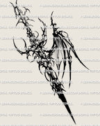 Cybersigilism winged dagger tattoo stencil design with a long pointed blade, asymmetrical wing detail, and dark cyber-organic structure